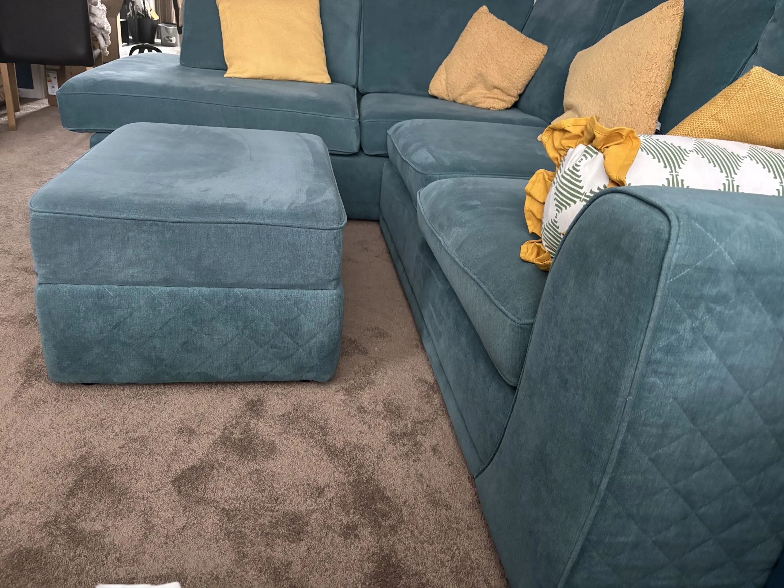 DFS Orka Right Hand Facing Arm Open End Corner Sofa in ‘Ocean’ blue with Large Storage Footstool