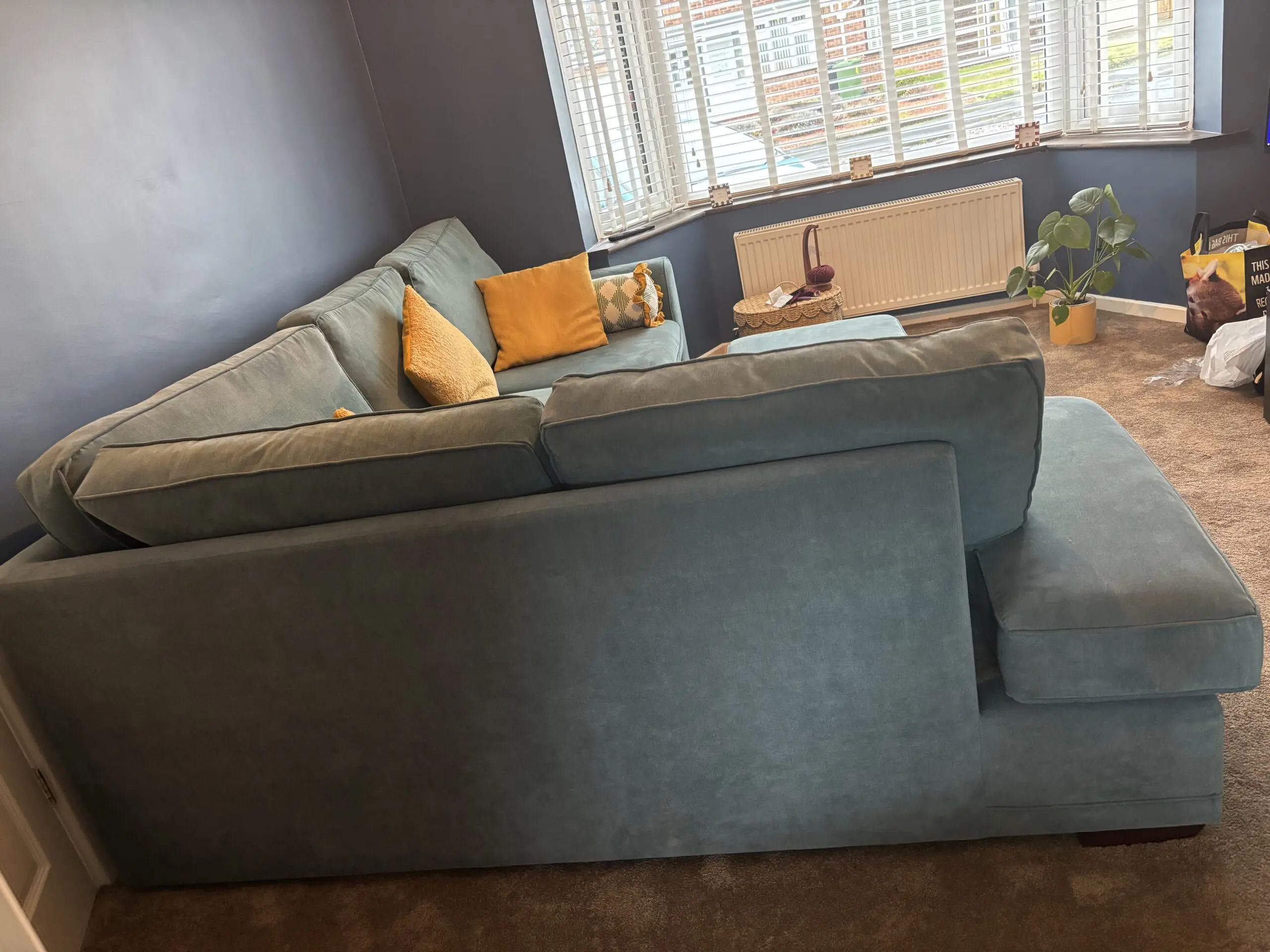 DFS Orka Right Hand Facing Arm Open End Corner Sofa in ‘Ocean’ blue with Large Storage Footstool