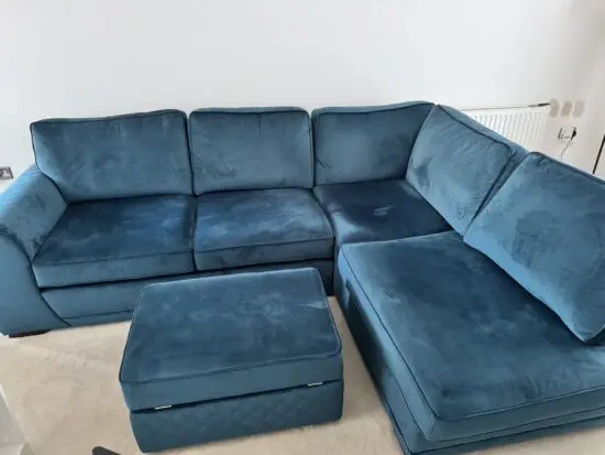 DFS Orka Blue Velvet Left Hand Facing Arm Open End Corner Sofa + Large Swivel Chair + Large Footstool