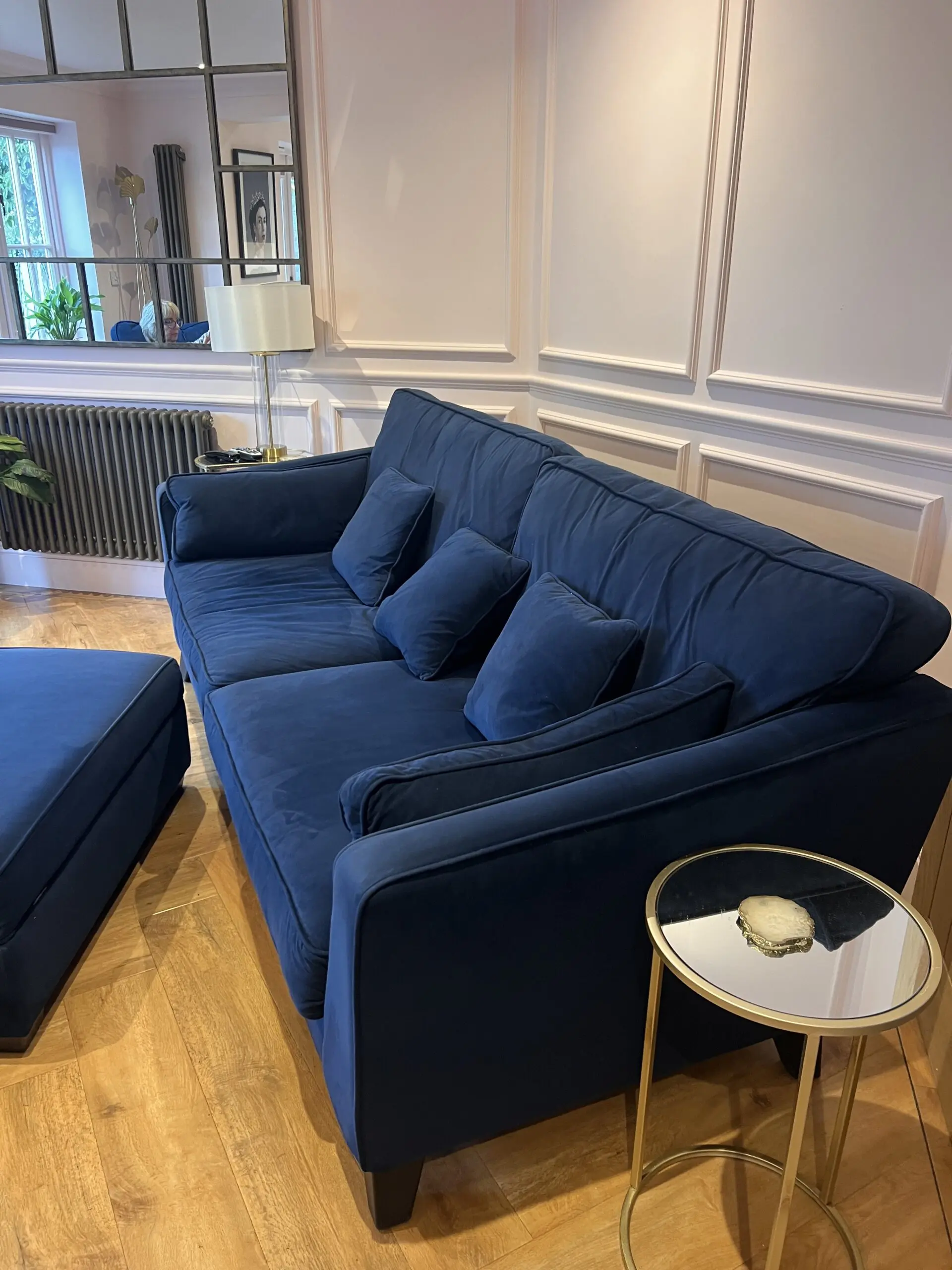Fishpools Navy Blue Velvet Sofa, Armchair and Ottoman Footstool