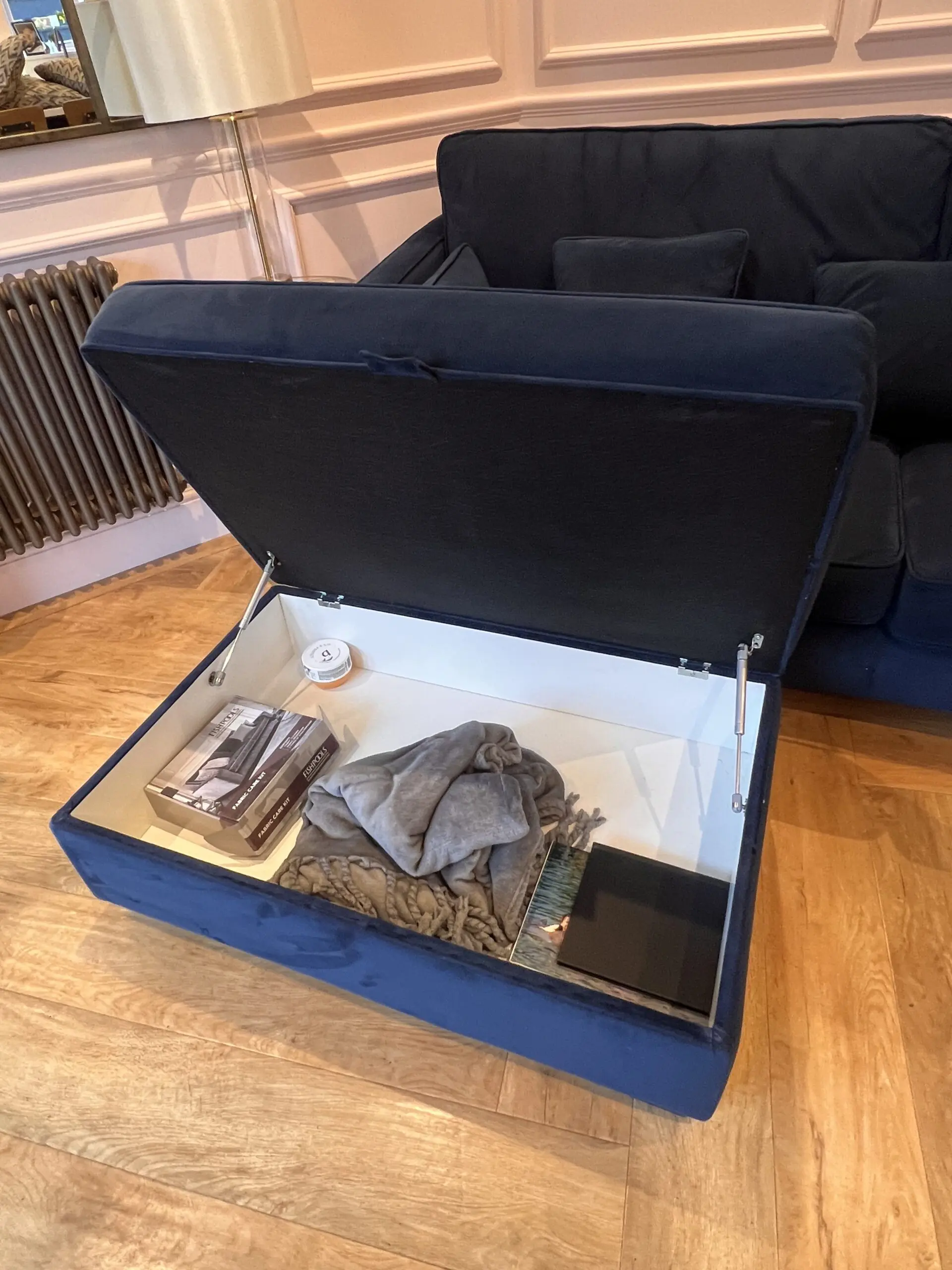 Fishpools Navy Blue Velvet Sofa, Armchair and Ottoman Footstool