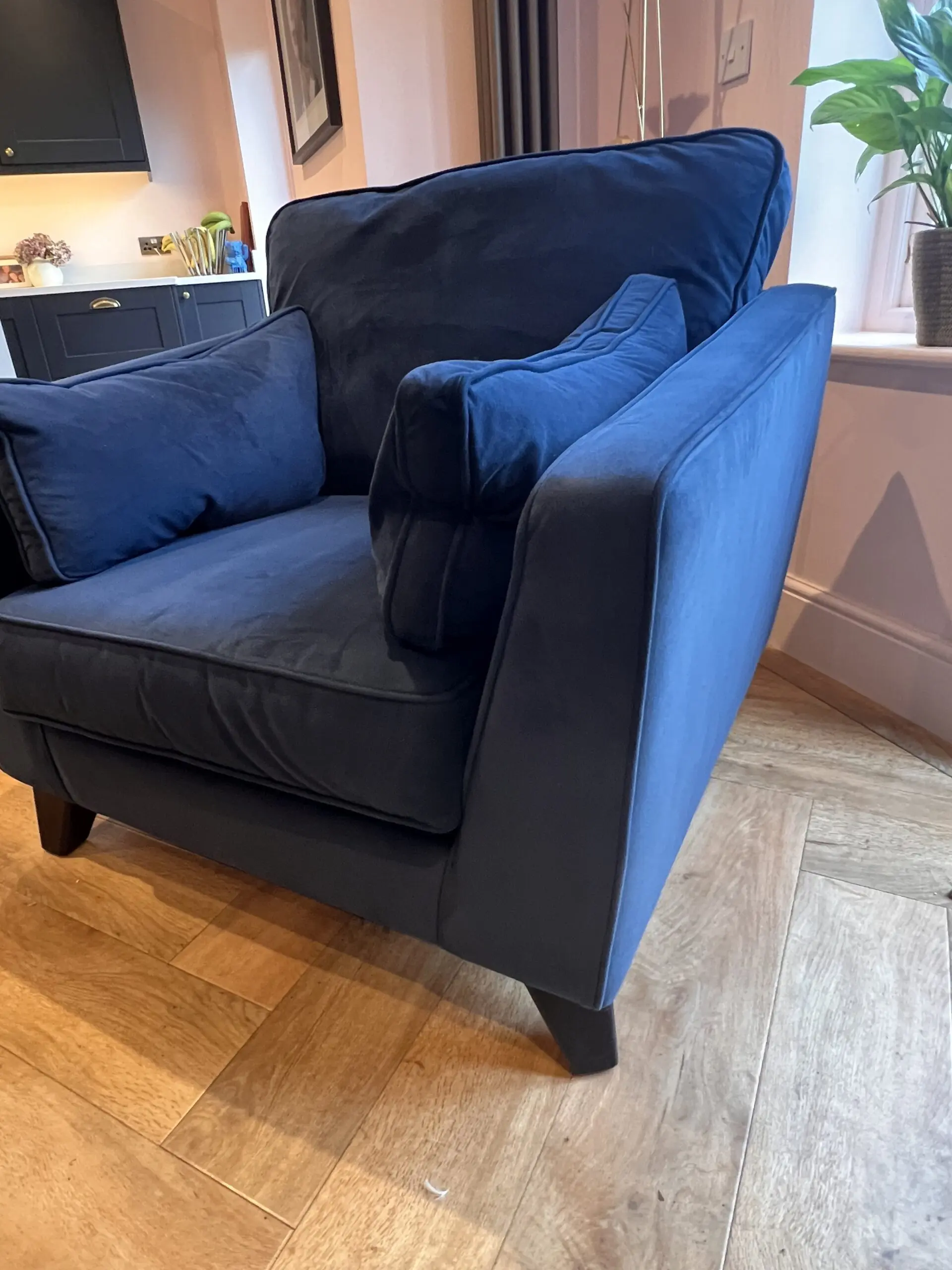Fishpools Navy Blue Velvet Sofa, Armchair and Ottoman Footstool