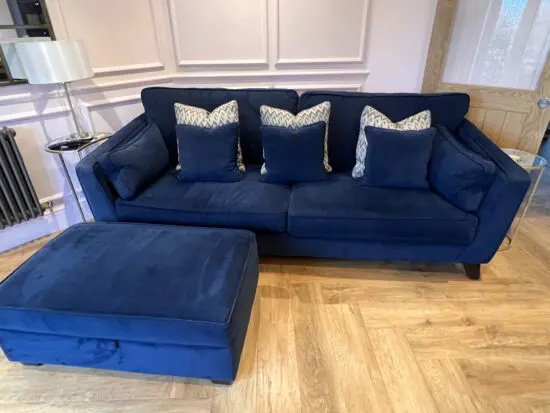 Fishpools Navy Blue Velvet Sofa, Armchair and Ottoman Footstool