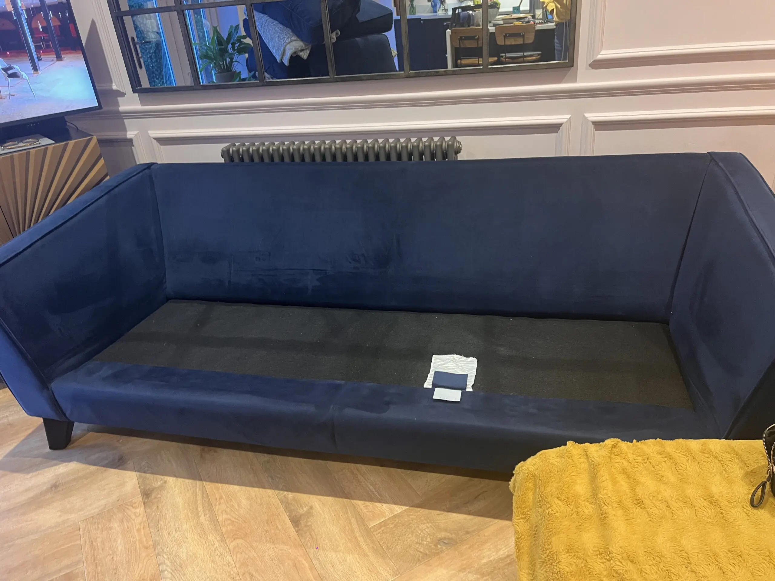 Fishpools Navy Blue Velvet Sofa, Armchair and Ottoman Footstool