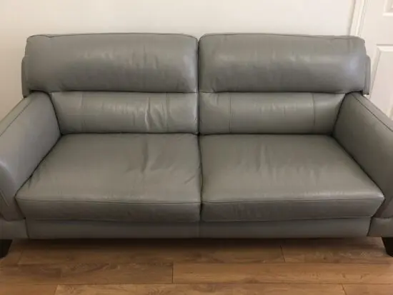 DFS Grey Leather Watson Sofa Set. 3 seater, 2 seater and storage footstool