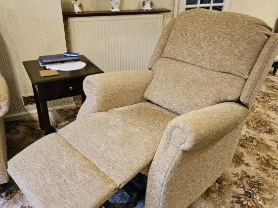 3 piece set: Burrows Relax 3 seater sofa, petite dual power recliner chair, standard dual power recliner chair. Caledonian plain nutmeg SR15207