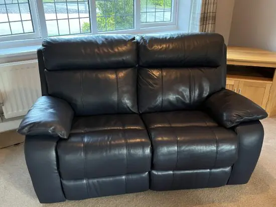 Furniture Village Navy Leather 2 and 3 Seater Power Recliner Sofas and Footstool