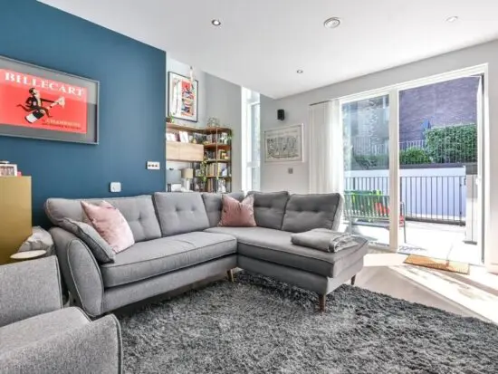 French Connection by DFS, Zinc left hand facing arm corner sofa and matching armchair