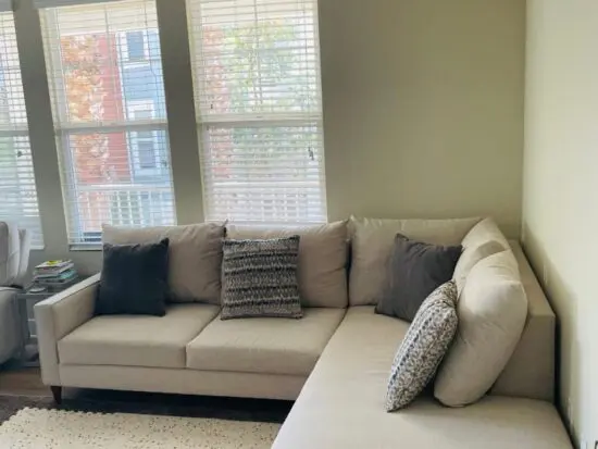 John Lewis Cream L Shape Corner Sofa With High Back Cushions For Sale