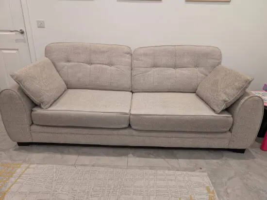 DFS Lockton 4 Seater Sofa, Cuddler and Footstool with storage in Sand Colour