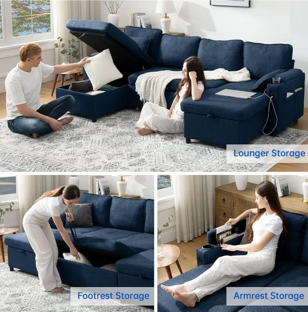 Navy Blue 3 piece sofa bed with ottoman storage