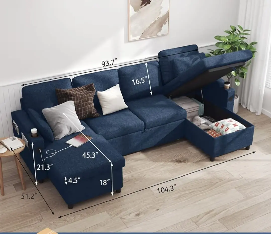 Navy Blue 3 piece sofa bed with ottoman storage
