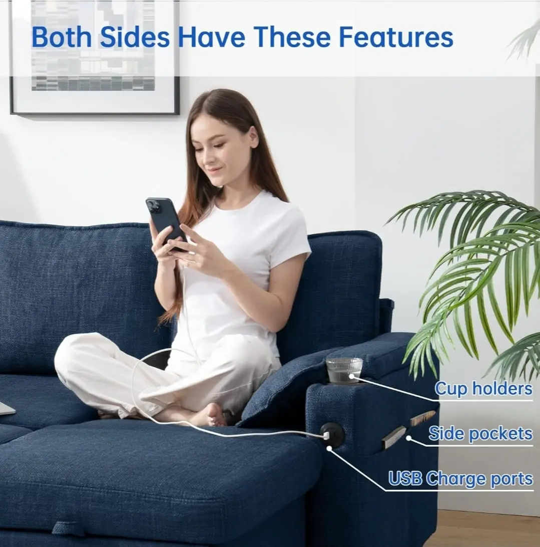 Navy Blue 3 piece sofa bed with ottoman storage