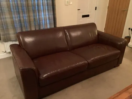 Brown leather 2 three seater sofas, armchair and footstool