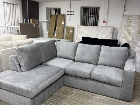 Lucy Chaise Corner Sofa - Left Hand Side. Colour: Pewter