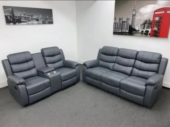 Dfs 2 and 3 grey leather recliners