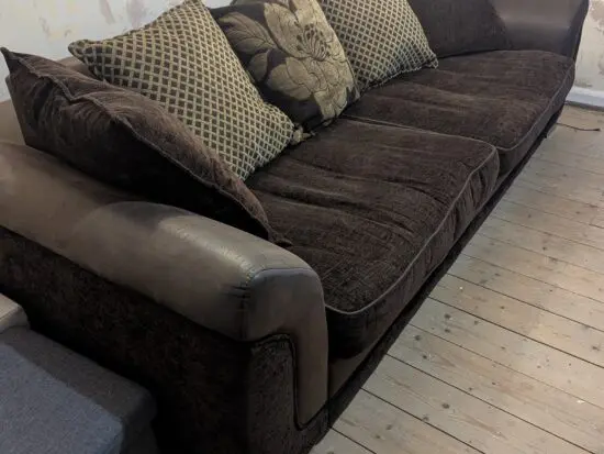 Large 4-Seater Sofa - Brown Fabric/Leather Mix - Includes Cushions