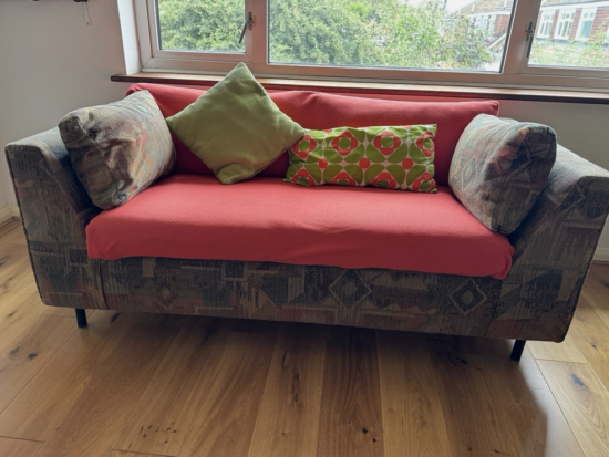 Vintage Mid Century Sofa with an Aztec geometric design jute fabric