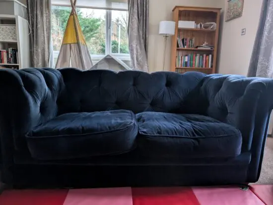 Sofa.com velvet navy blue two seat sofa with oak legs