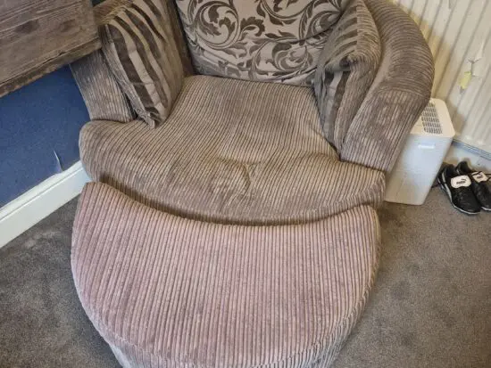 Dfs brown swivel chair and half moon foot rest