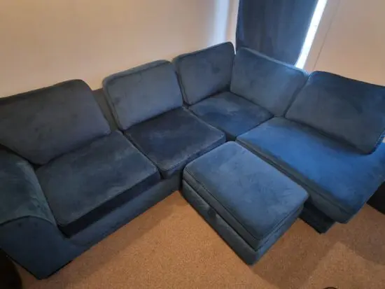 DFS Dark Blue Orka Velvet corner sofa + Orka Footstool