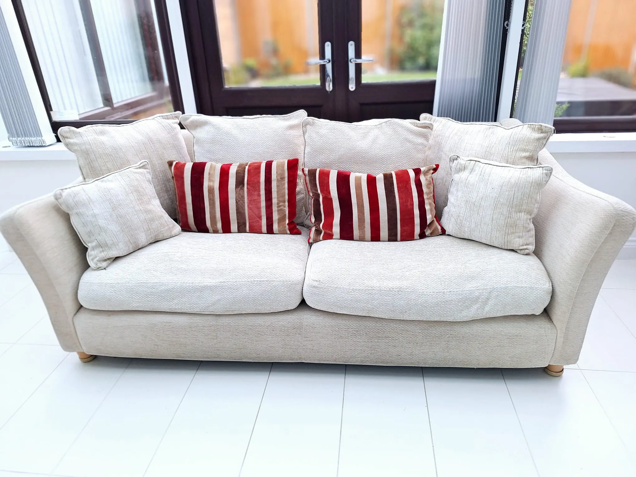 DFS 2-Seater & 3-Seater Sofa with Red Striped Cushions & Scatter Pillows