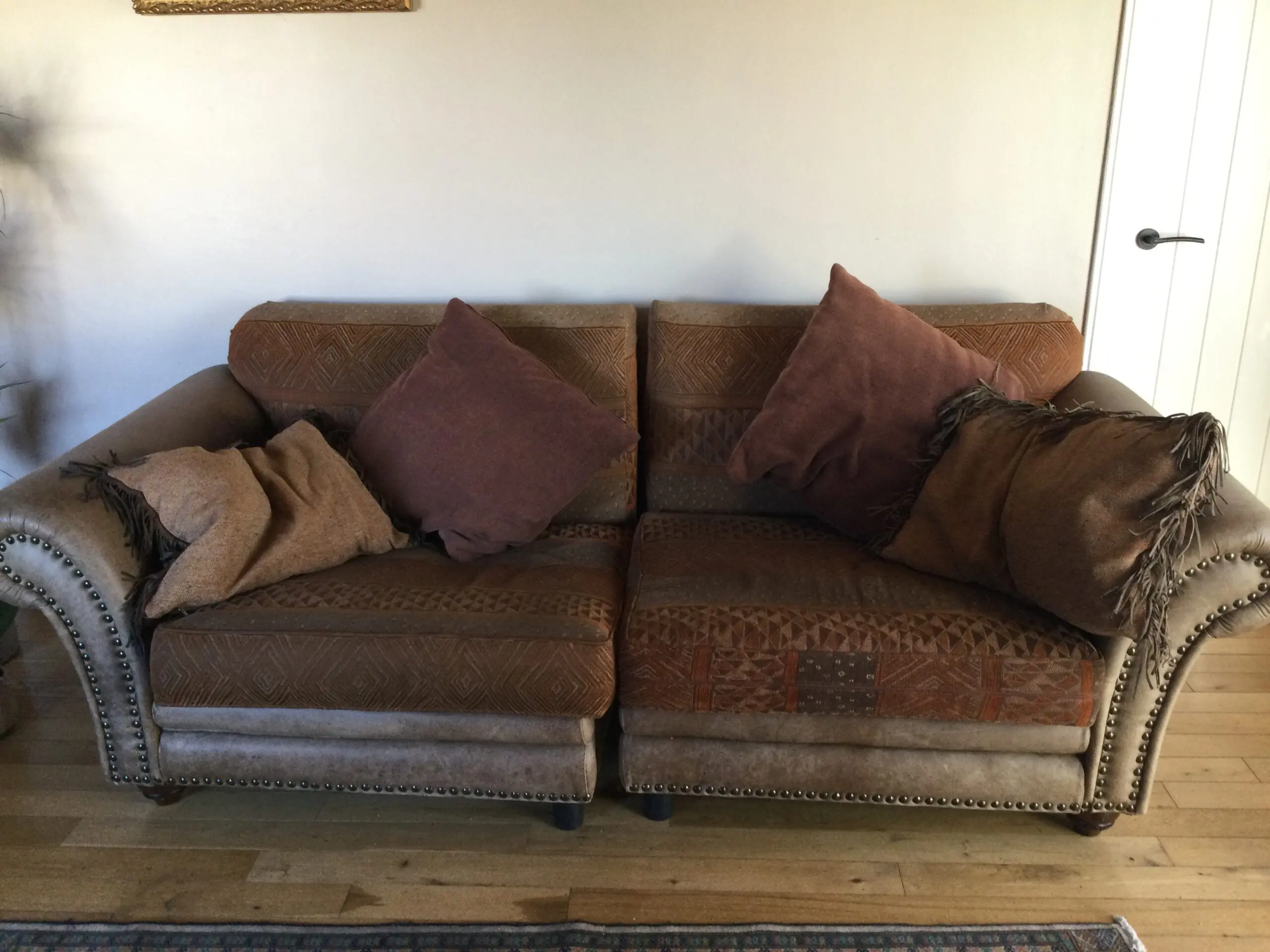 Furniture Village Large 3-Seater Sofa with Studded Detail and Throw Pillows