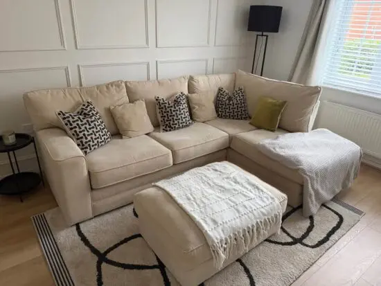 Cream L-Shape Corner Sofa With Matching Footstool For Sale