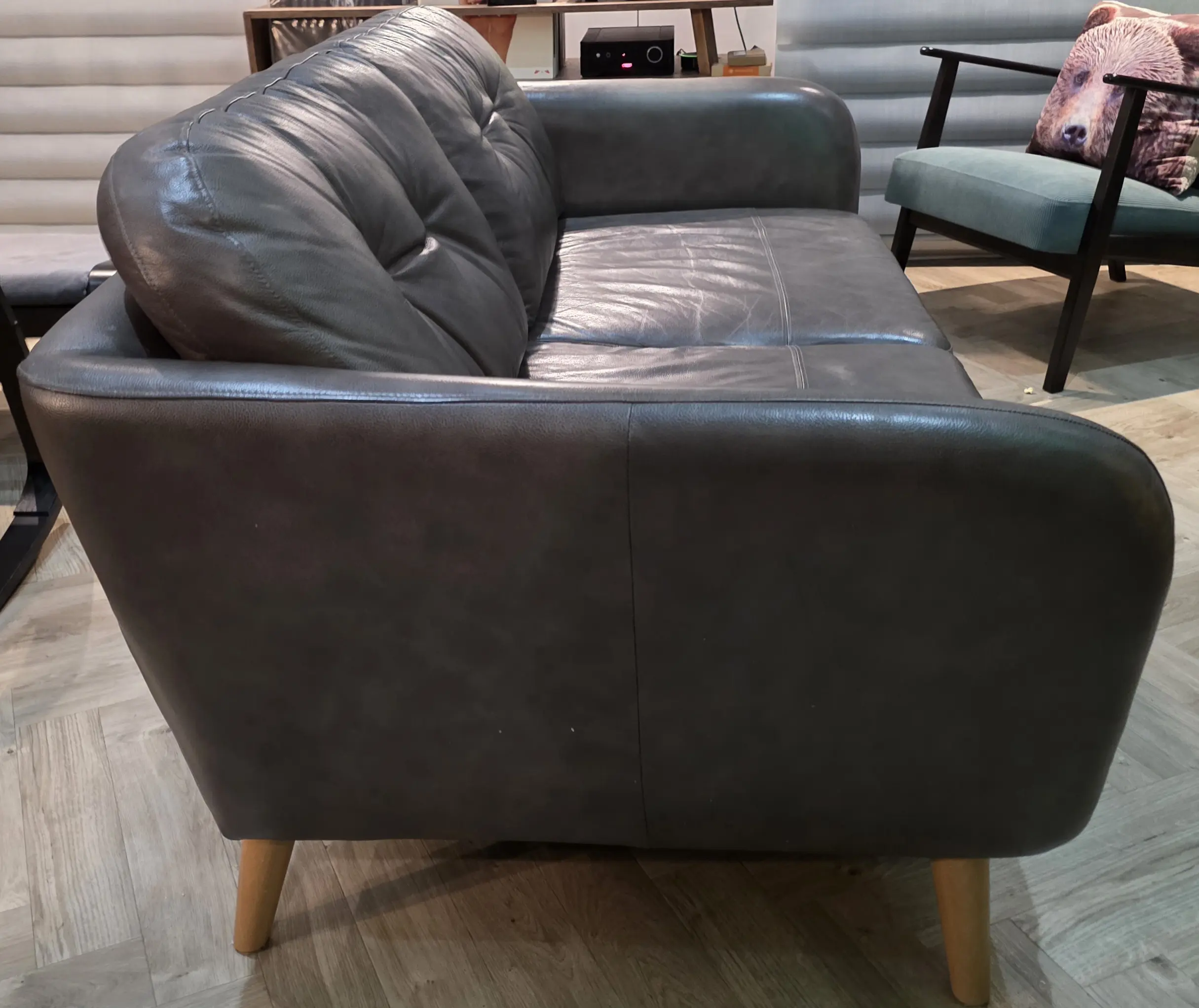 John Lewis Home "Arlo", Medium 2 Seater, Leather Sofa in "Milan Taupe" (brown) with light wood legs.