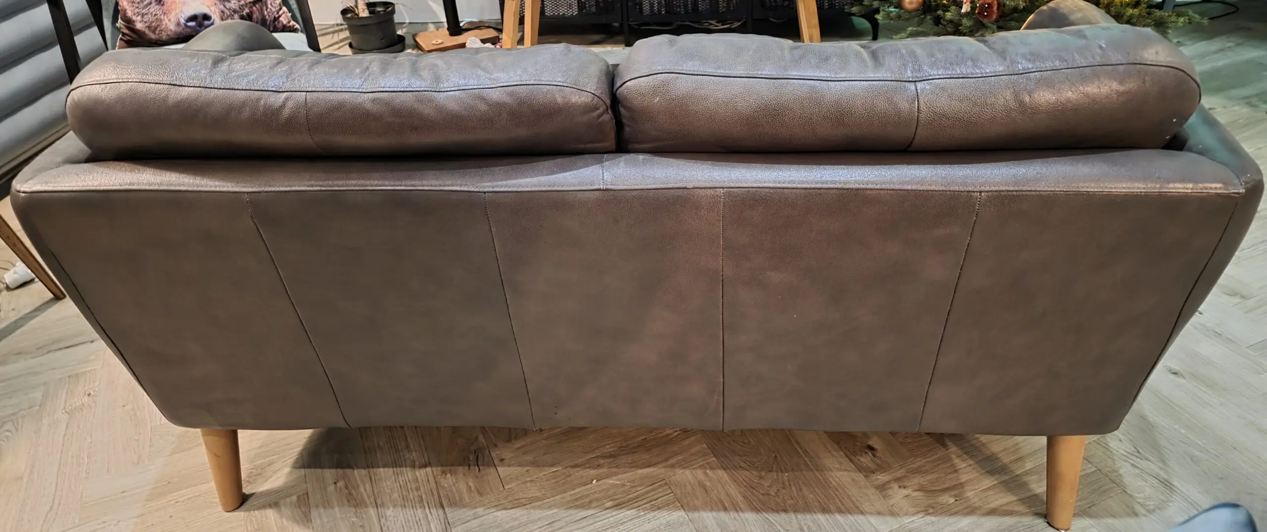 John Lewis Home "Arlo", Medium 2 Seater, Leather Sofa in "Milan Taupe" (brown) with light wood legs.