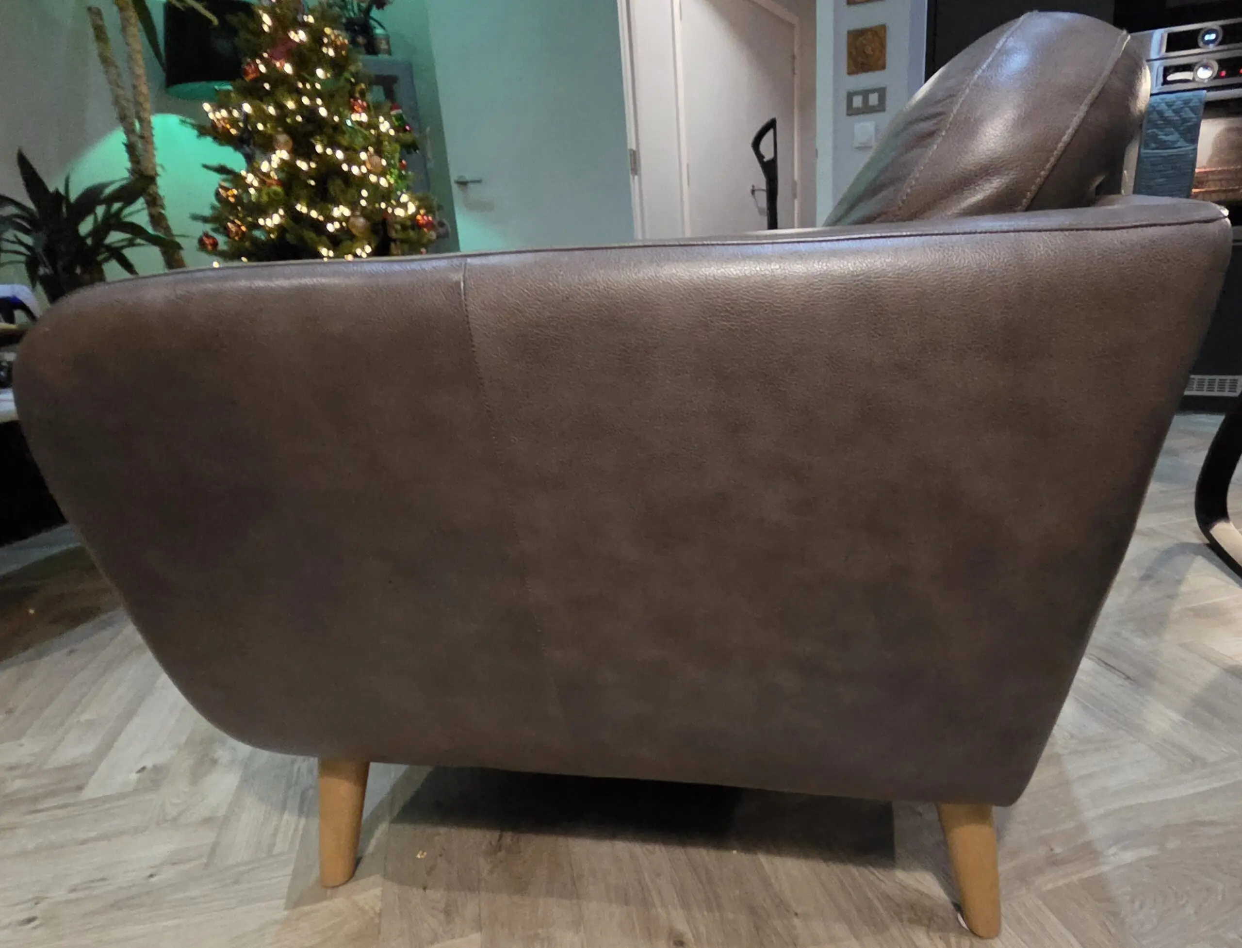 John Lewis Home "Arlo", Medium 2 Seater, Leather Sofa in "Milan Taupe" (brown) with light wood legs.