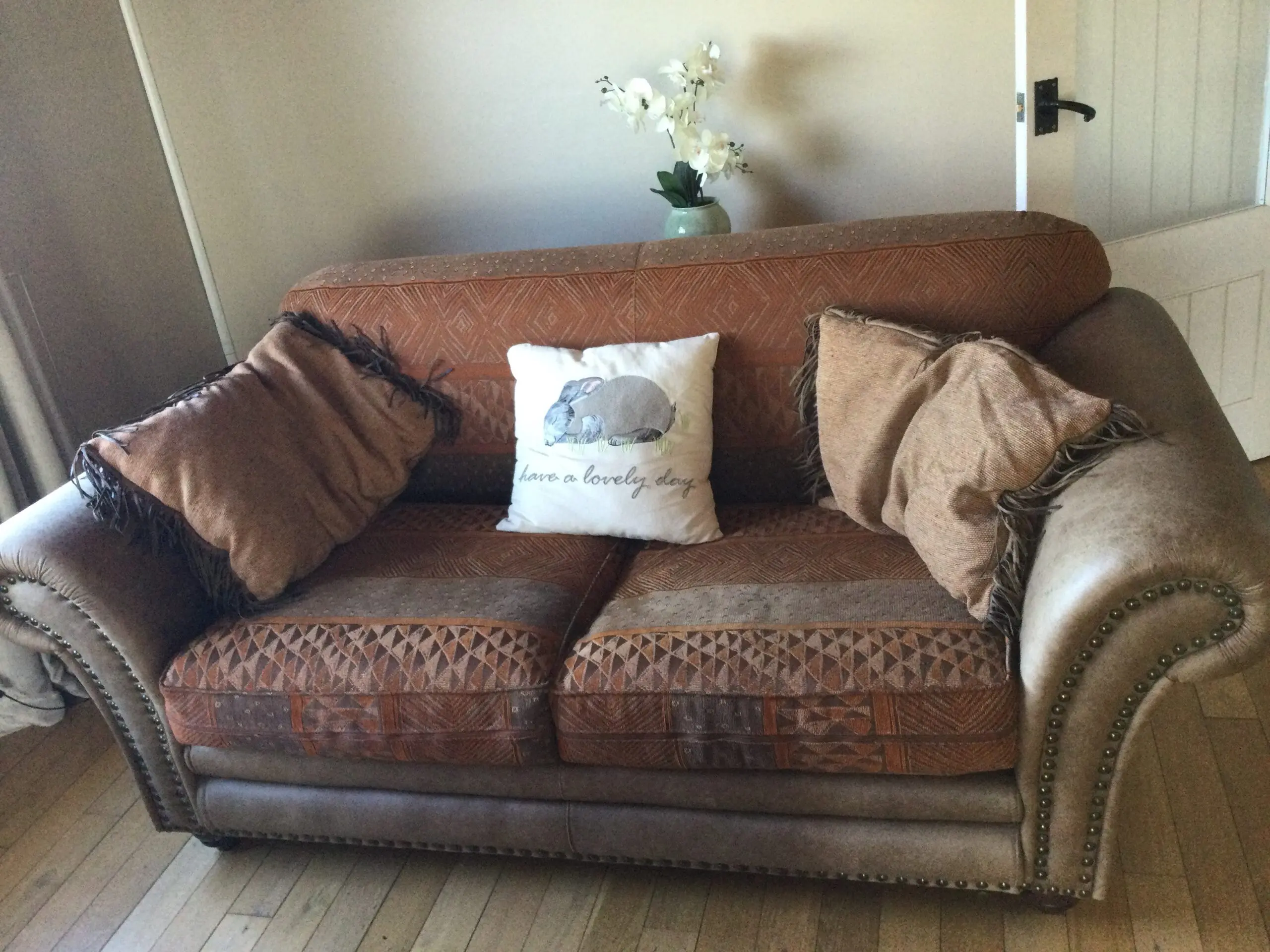 Furniture Village Large 3-Seater Sofa with Studded Detail and Throw Pillows