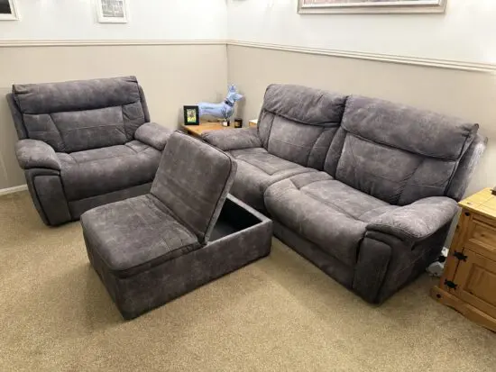 Grey Sofa Set – 3 Seater, Armchair & Storage Footstool