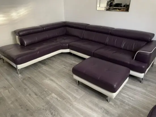 Real Leather Two Tone L shape sofa with Circular Swivel Snuggle Chair and footstool by DFS