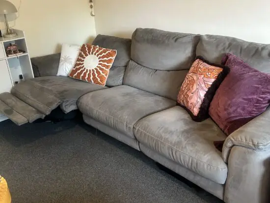 Grey 3 seater sofa, recliner on one seat