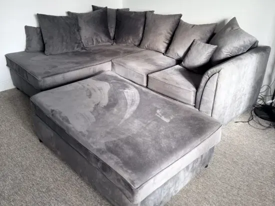 Grey Velvet Cushion Back Corner Sofa w Footstool