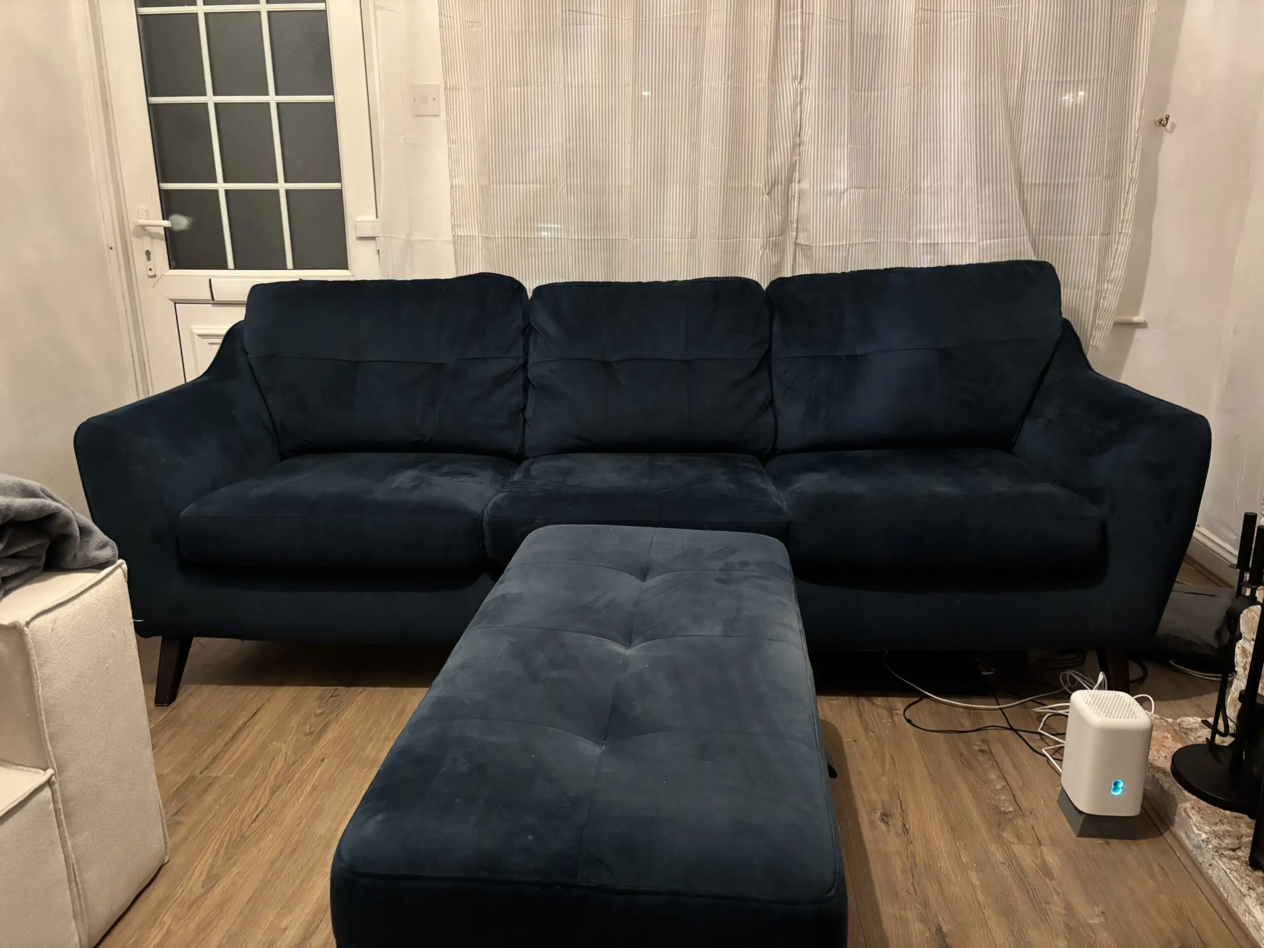 Blue velvet 3 seater sofa with matching footstool