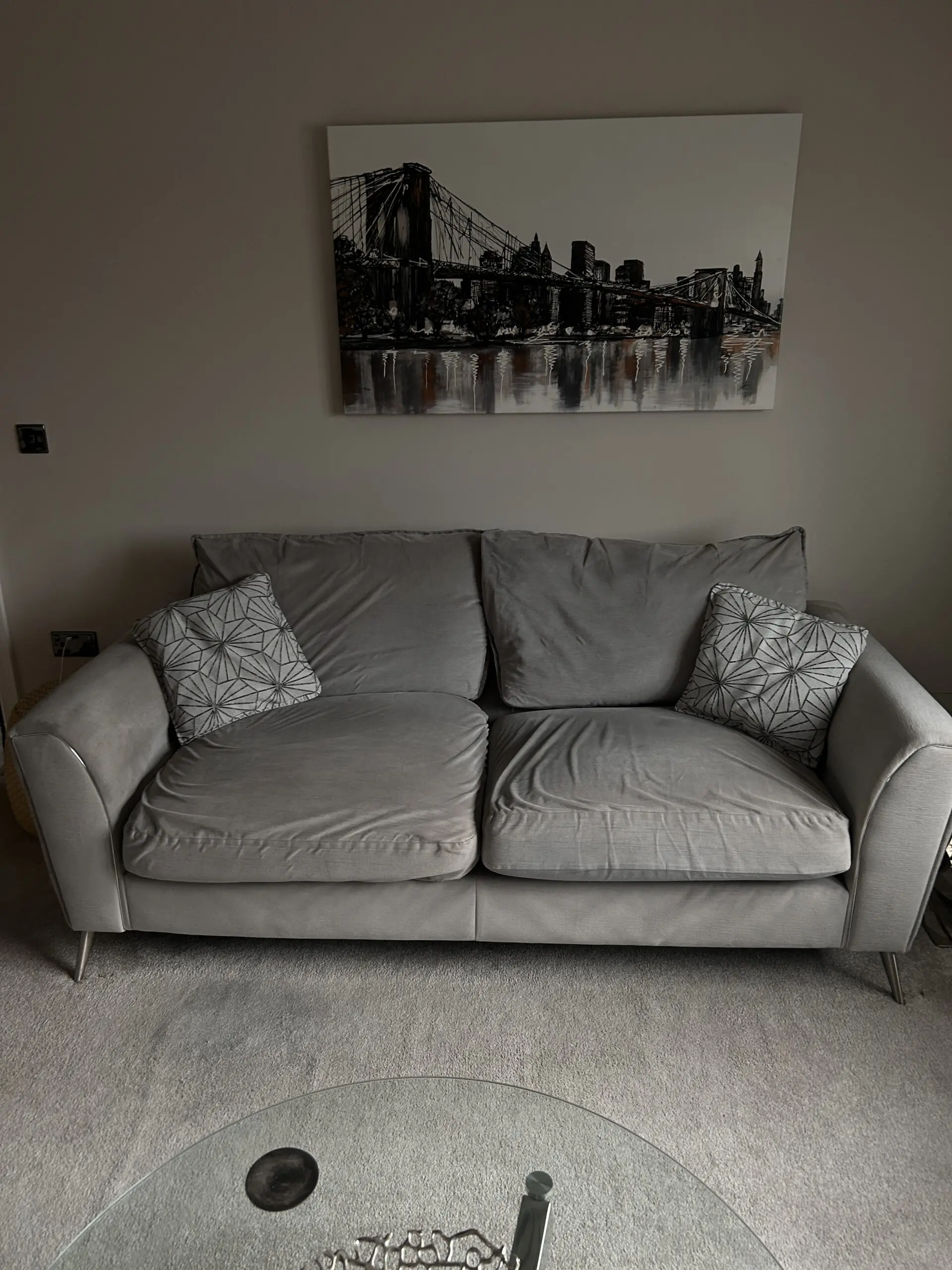 Furniture Village Modern 2-Seater Sofa with Geometric Cushions and Metal Legs
