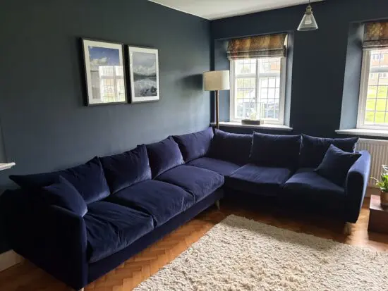 Loaf XL right hand Squishmeister corner sofa in pen nib blue clever velvet