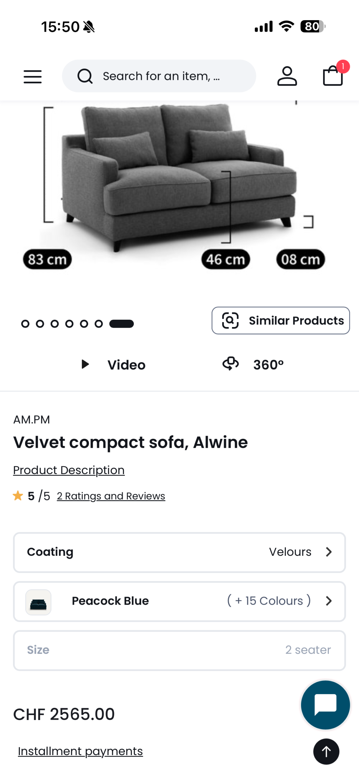 AM.PM Alwine luxury velvet 2 seater sofa (x2)