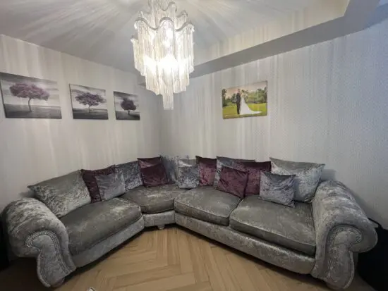 SCS Crushed Velvet Corner Sofa and Round Swivel Chair