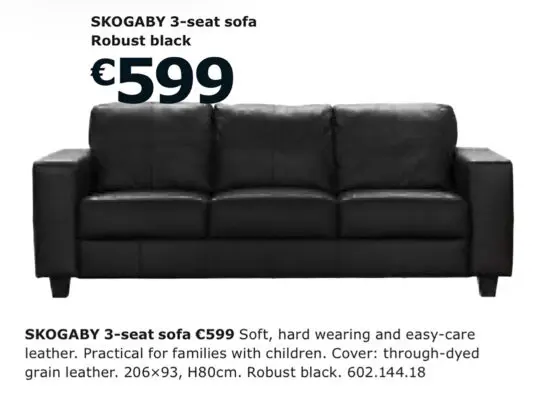 Ikea 'Skogaby' 3-seat soft, hardwearing easy care leather sofa. Grain leather (through dyed). Robust Black.