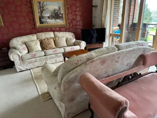 2 x Harrods Sofas, 3 & 2 Seaters, covered in Laura Ashley Baroque Fabric Raspberry Parchment Linen Union