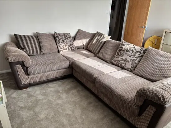 DFS brown corded Corner Sofa, Cuddle Chair and Footstool
