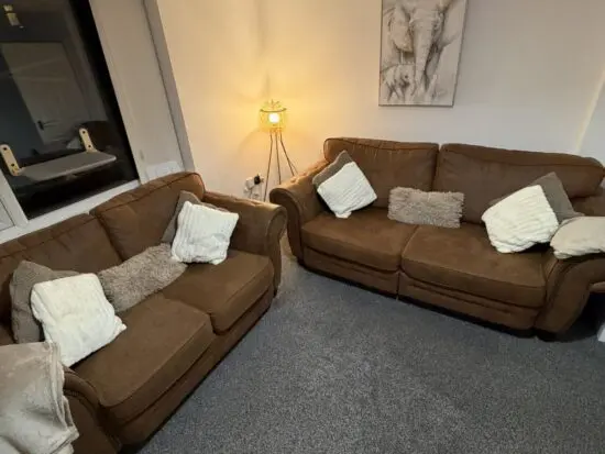 SCS Brown 3 seater, 2 seater and pouffe set