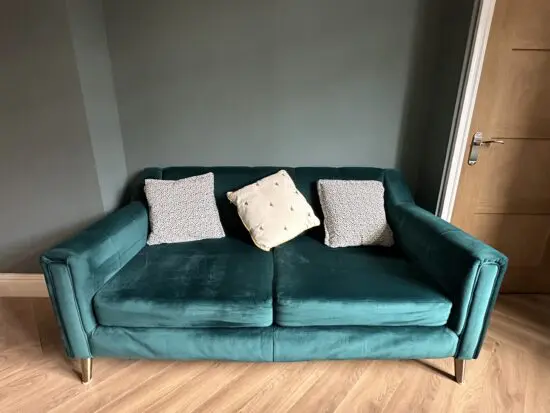 Sofology Teal Ivanna sofas and footstool