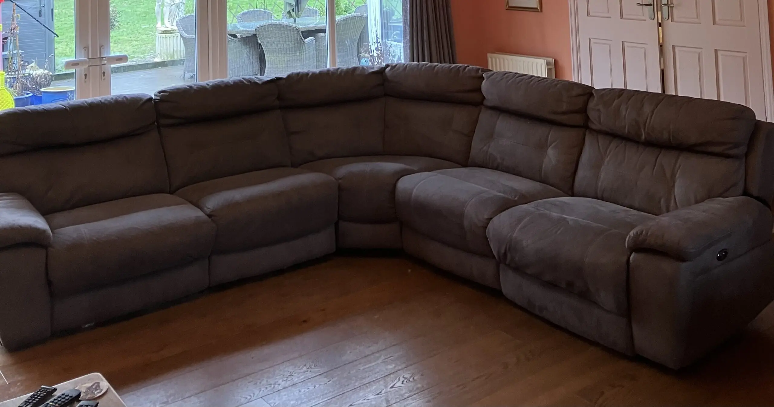 DFS Grey Lyndon power recliner corner sofa and chair