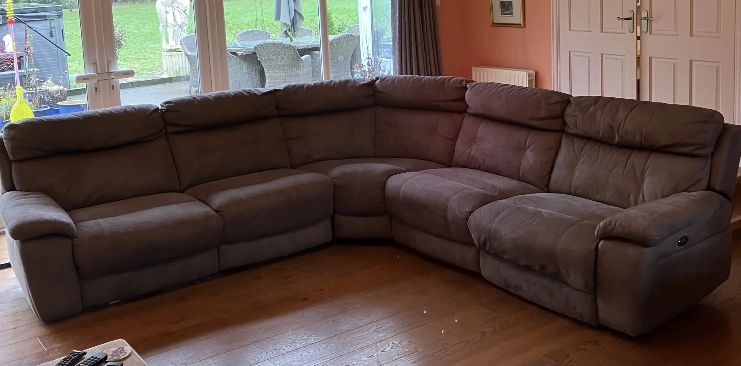 DFS Grey Lyndon power recliner corner sofa and chair