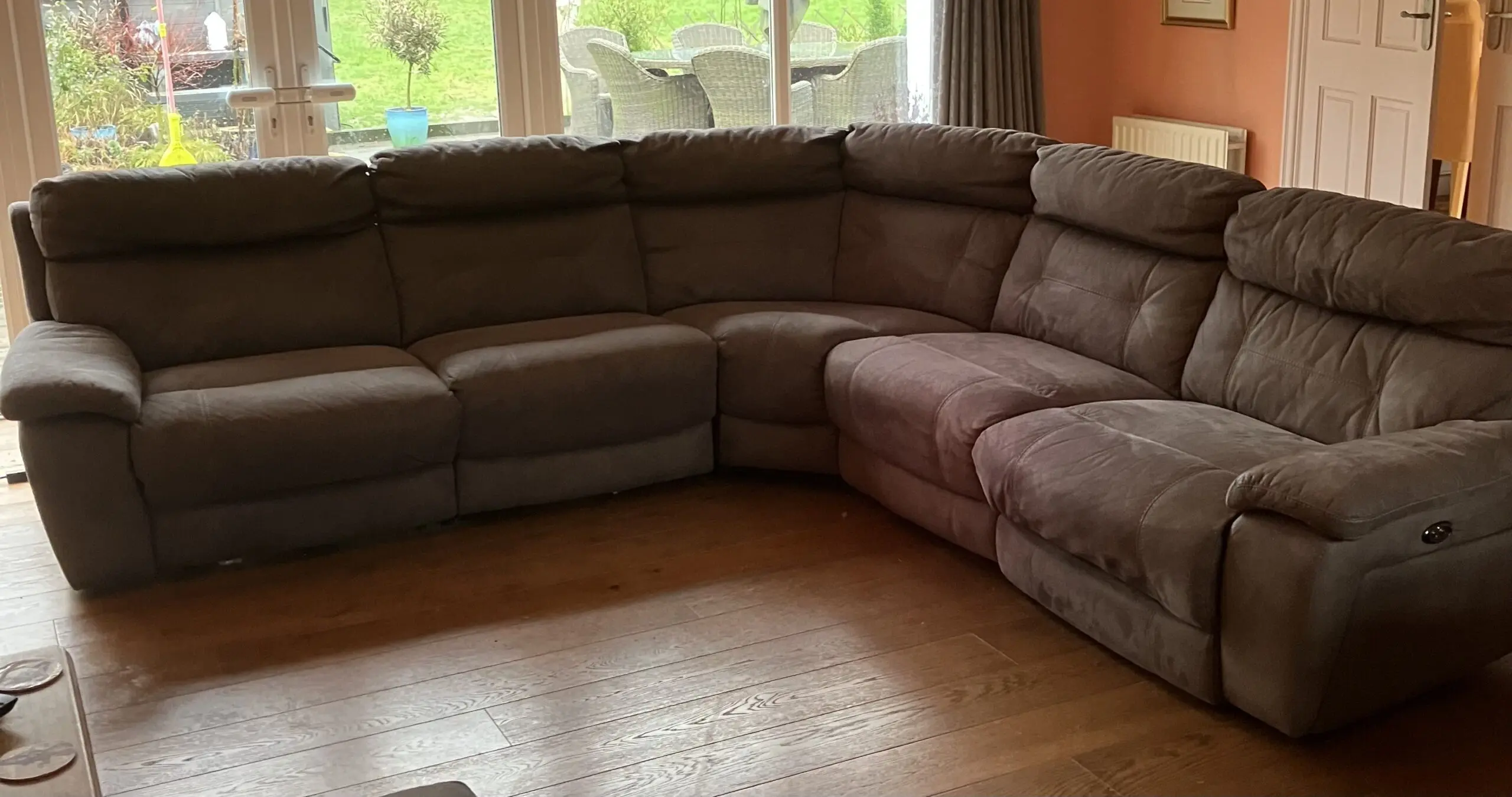 DFS Grey Lyndon power recliner corner sofa and chair