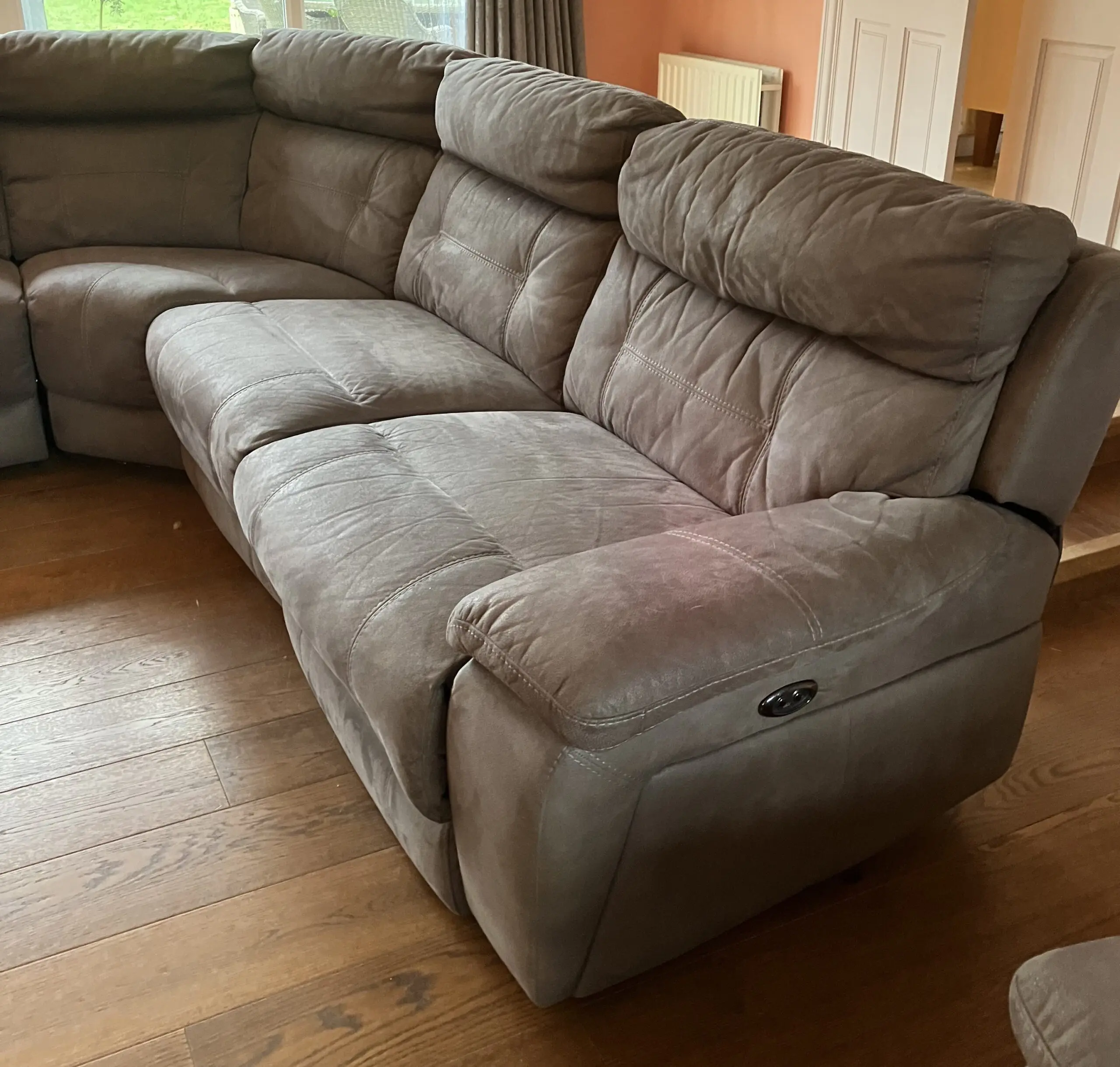 DFS Grey Lyndon power recliner corner sofa and chair
